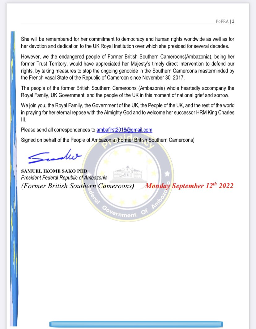 pabiedu1's tweet photo. Condolence letter from @SamuelSako to the gov’t &amp; people of 🇬🇧. RIP #QueenElizabethII! #Ambazonia was a Trust Territory of #Britain @commonwealthsec 
@USUN1 @SecBlinken @UKinUSA 
@UKUN_NewYork @trussliz @10DowningStreet 
@IndiaUNNewYork @SCRtweets 
@irishmissionun @ArgentinaUN https://t.co/o6GHzIFuqm
