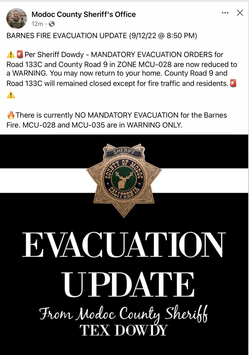 ModocNF's tweet image. Sharing from the #ModocCountySheriffDowdy BARNES FIRE EVACUATION UPDATE (9/12/22 @ 8:50 PM)
⚠️🚨Per Sheriff Dowdy - MANDATORY EVACUATION ORDERS for Road 133C and County Road 9 in ZONE MCU-028 are now reduced to a WARNING. You may now return to your home.