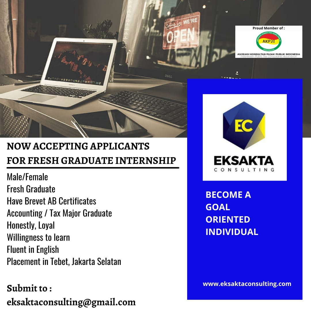 EksaktaC's tweet photo. We Are Open 
For Tax Internship 

Submit to:
eksaktaconsulting@gmail.com

@hrdbacot 
#lokercot 
#lokerjakarta
#magang https://t.co/PNnJd0zPVk
