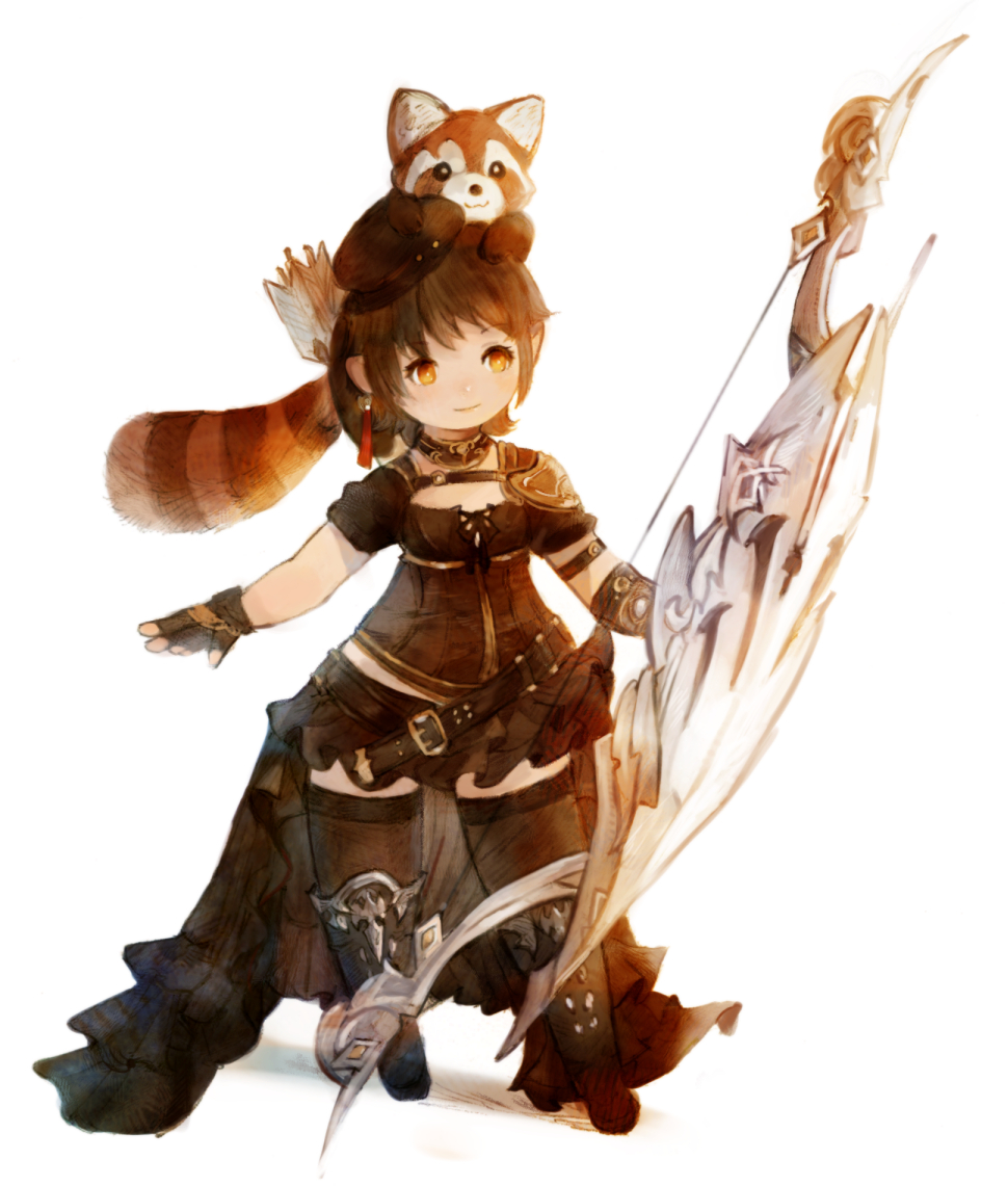 1girl weapon bow (weapon) lalafell gloves on head animal on head  illustration images