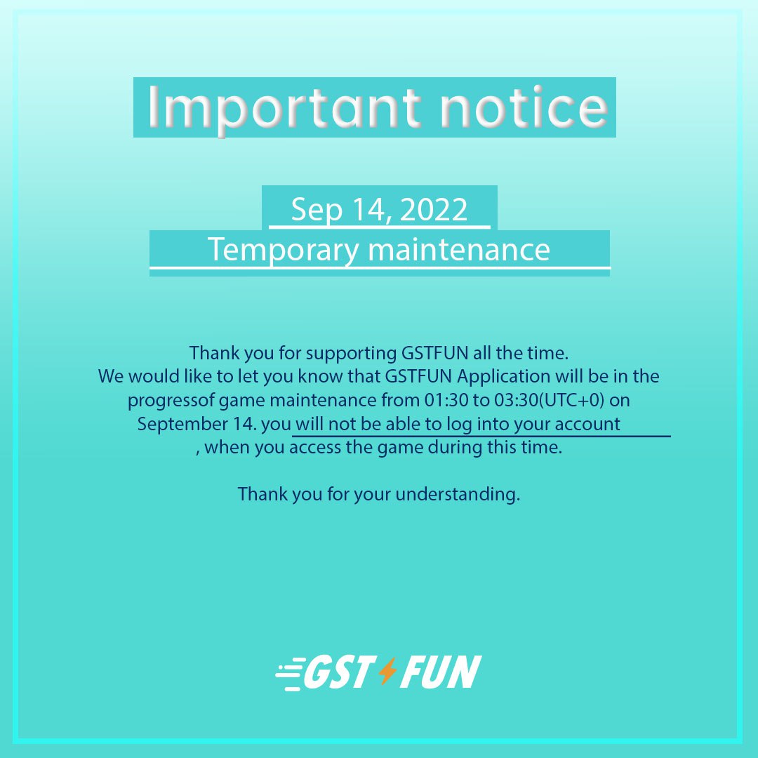 Gstfunofficial's tweet photo. ⚡Temporary Maintenance⚡
In order to improve the user experience, we will conduct temporary maintenance SEP 14, 01:30~03:30 (UTC+0), you will not be able to enter GSTFUN
#GSTFUN #GST https://t.co/f05xQmLbjr