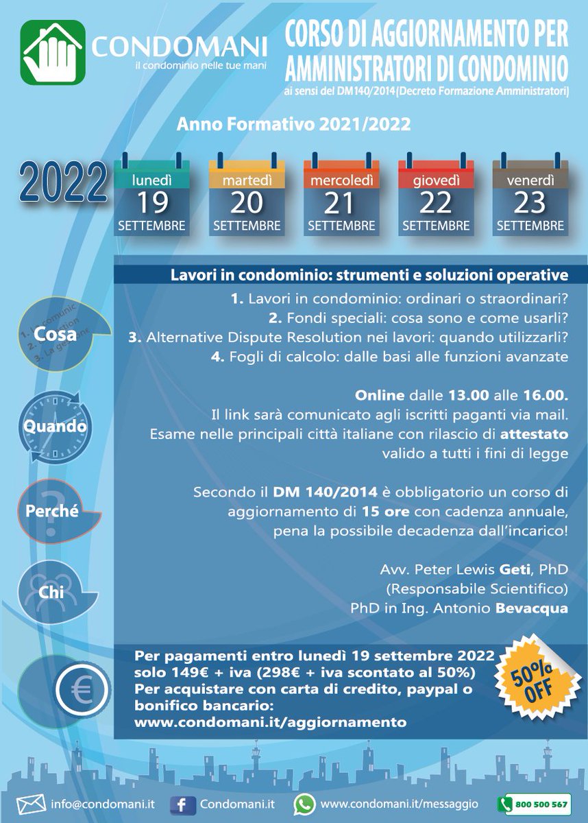 Disponibilità agli sgoccioli per l'ultimo #corsodiaggiornamento per #amministratoridicondominio valido per Anno Formativo 2021/22 📆
Parleremo di lavori condominiali, un tema molto caldo 🔥