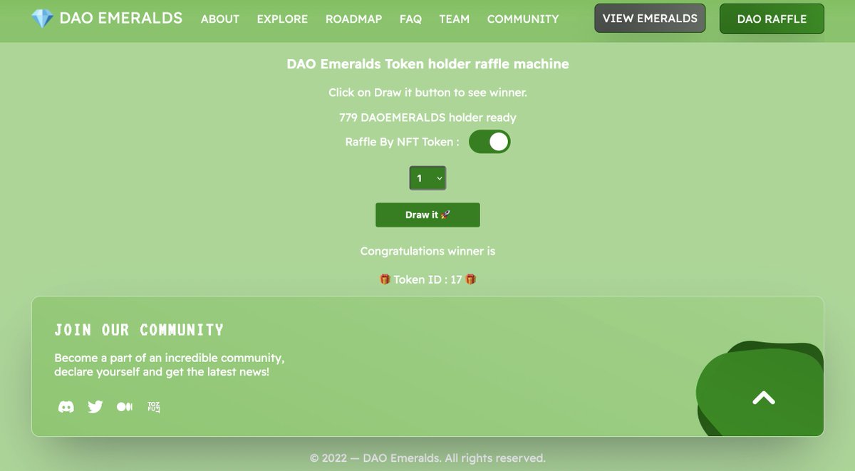 We have a new winner: <a href="/oasis_punks/">Oasis Punks</a> winner selected

🏆 Winner:  DAO Emerald NFT ID : 17

If you hold DAO EMERALD ID #16, please claim your Punk within 7 days via DM to us!

Next raffle will be soon!!!! All you have to do to participate is to buy and hold a DAO NFT. 💎