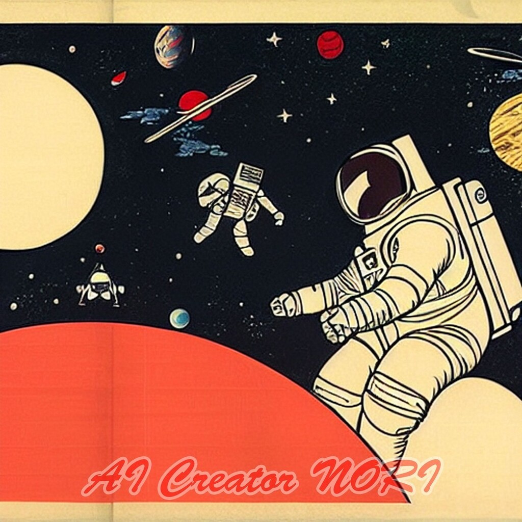 NoriCreator's tweet photo. 浮世絵風宇宙遊泳
 #浮世絵 #浮世絵風 #宇宙飛行士 #宇宙遊泳 #ukiyie #ukiyoe #ukiyoe #astronaut #spacewalk https://t.co/ODZTNnMdAe