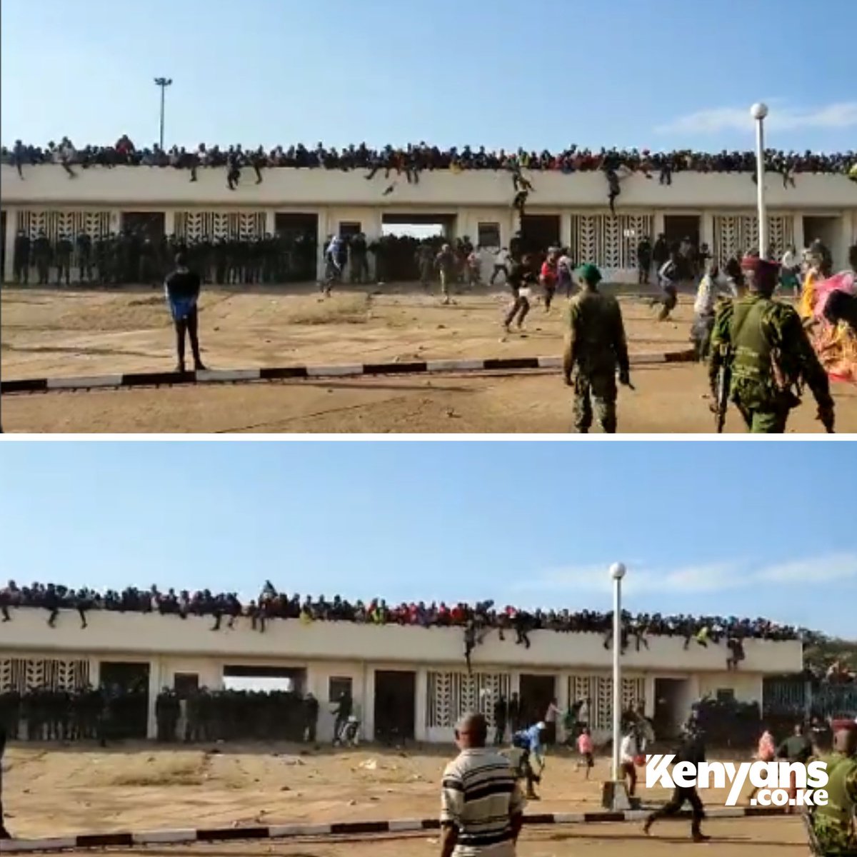 Kenyans jump over the walls at Kasarani Stadium after being locked out