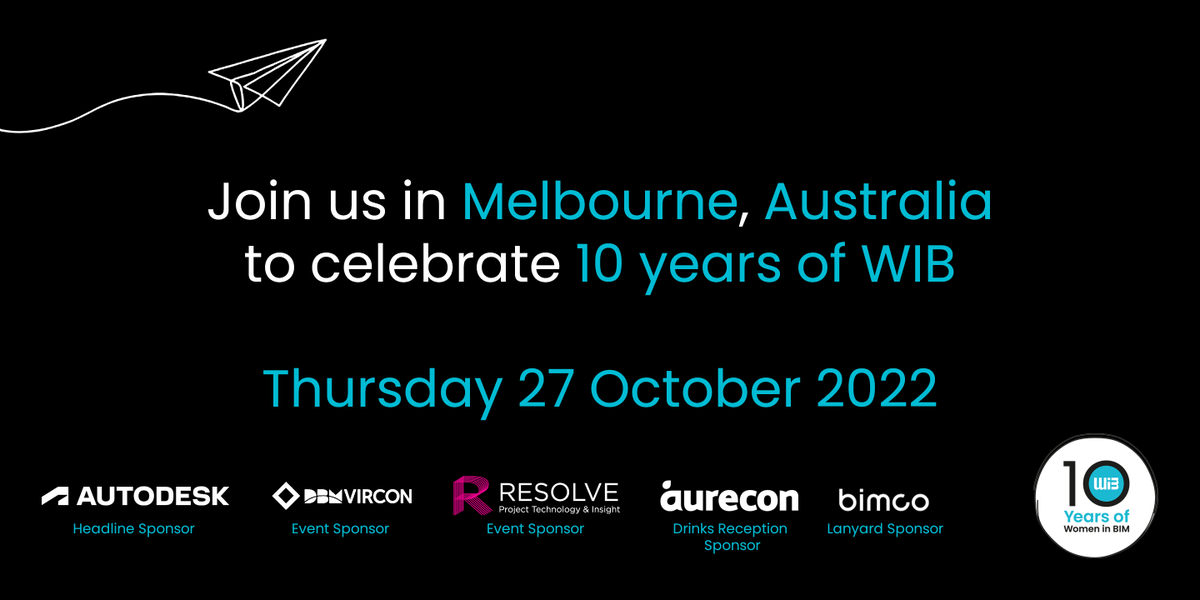 Celebrate with us in marking the 10th Anniversary of #womeninbim in our one-day event in #Melbourne on Thursday 27 October. Let’s talk #BIM #digitalconstruction #digitalengineering #digitaltwin and so much more! 

Get your #WIB10 Early Bird tickets here: womeninbim.org/event/celebrat…