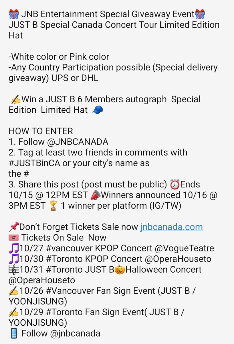 JNBCANADA's tweet image. 🎁 JNB Entertainment Special Giveaway Event🎁
JUST B Special Canada Concert Tour Limited Edition Hat 
-White/Pink Color only
-Any Country Participation possible (Special delivery ) UPS or DHL 
✍️Win a JUST B Members autograph  Special Edition Limited Hat  🧢 
#JUSTB #GIVEAWAY