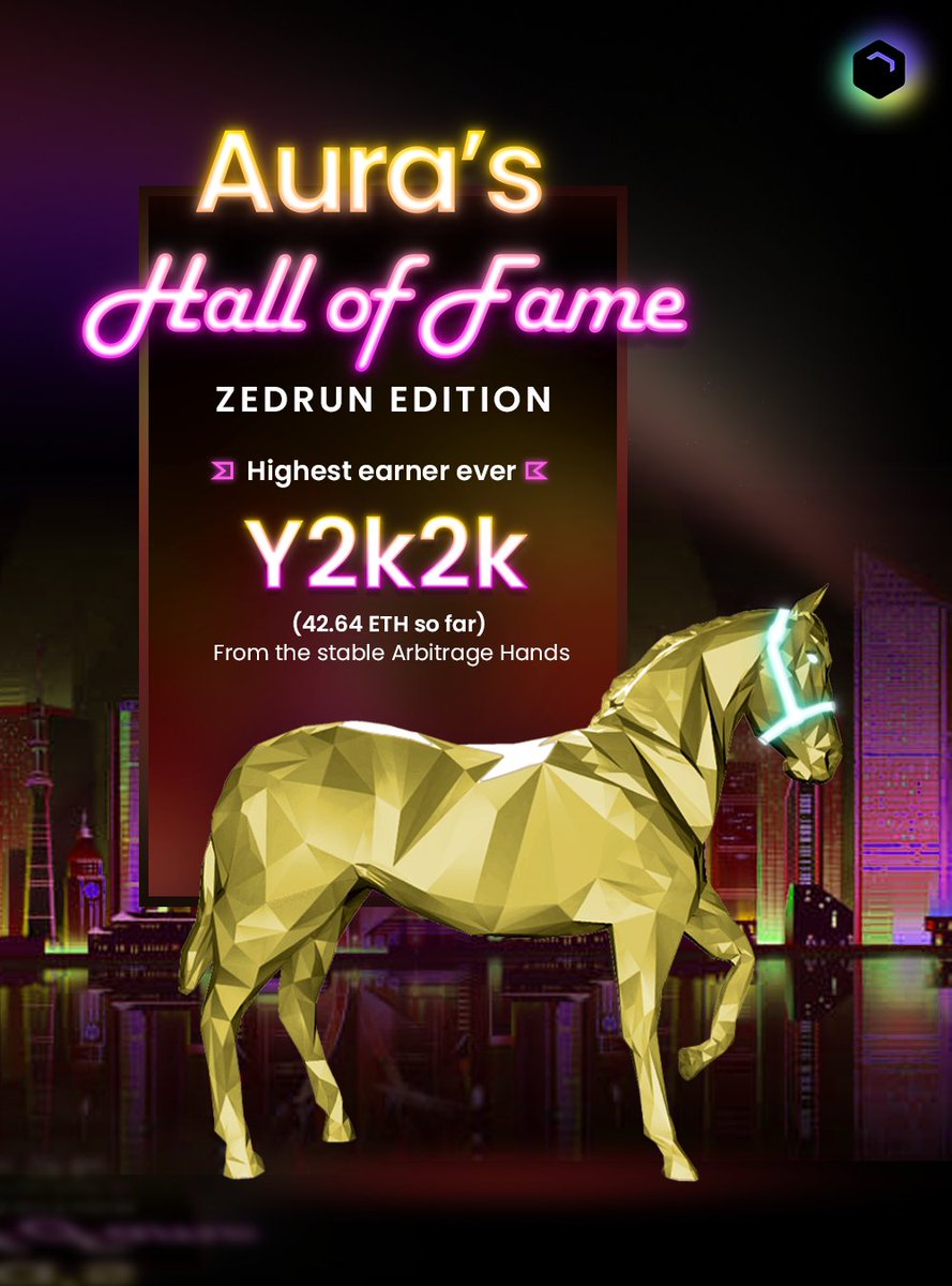gameongamp's tweet photo. Credit where it's due! Congratulations to @ArbitrageRacin, home to @Zed_run's HIGHEST EVER earner Y2K2. With a whopping earning of 43.6 ETH, this horse becomes the first to enter Aura's #HallOfFame.
Reply to this tweet &amp; congratulate @ArbitrageRacin for this achievement.
#NFTGame https://t.co/T1rMQ4MH3z