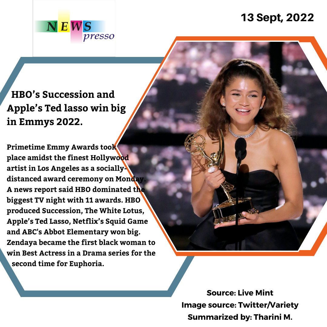 spoler_sisters's tweet photo. HBO’s Succession and Apple’s Ted lasso win big in Emmys 2022.

Read more: https://t.co/gm0ylQkMDi

#EMMYS #AWARDS #HOLLYWOOD #TV #TVSERIES #SERIES #ZENDAYA #TEDLASSSO #WINNERS #HBO #APPLE #ABC #SQUIDGAMES #SUCCESSION #NEWS #TN #INDIA https://t.co/lPLNB7h3e5