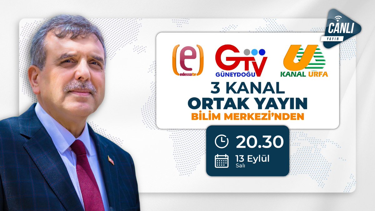 Bu akşam (13.09.2022) saat 20.30'da gerçekleştireceğimiz Edessa TV, Güneydoğu TV ve Kanal Urfa ortak canlı yayını ile ekranlarınızda olacağım. İyi seyirler📺