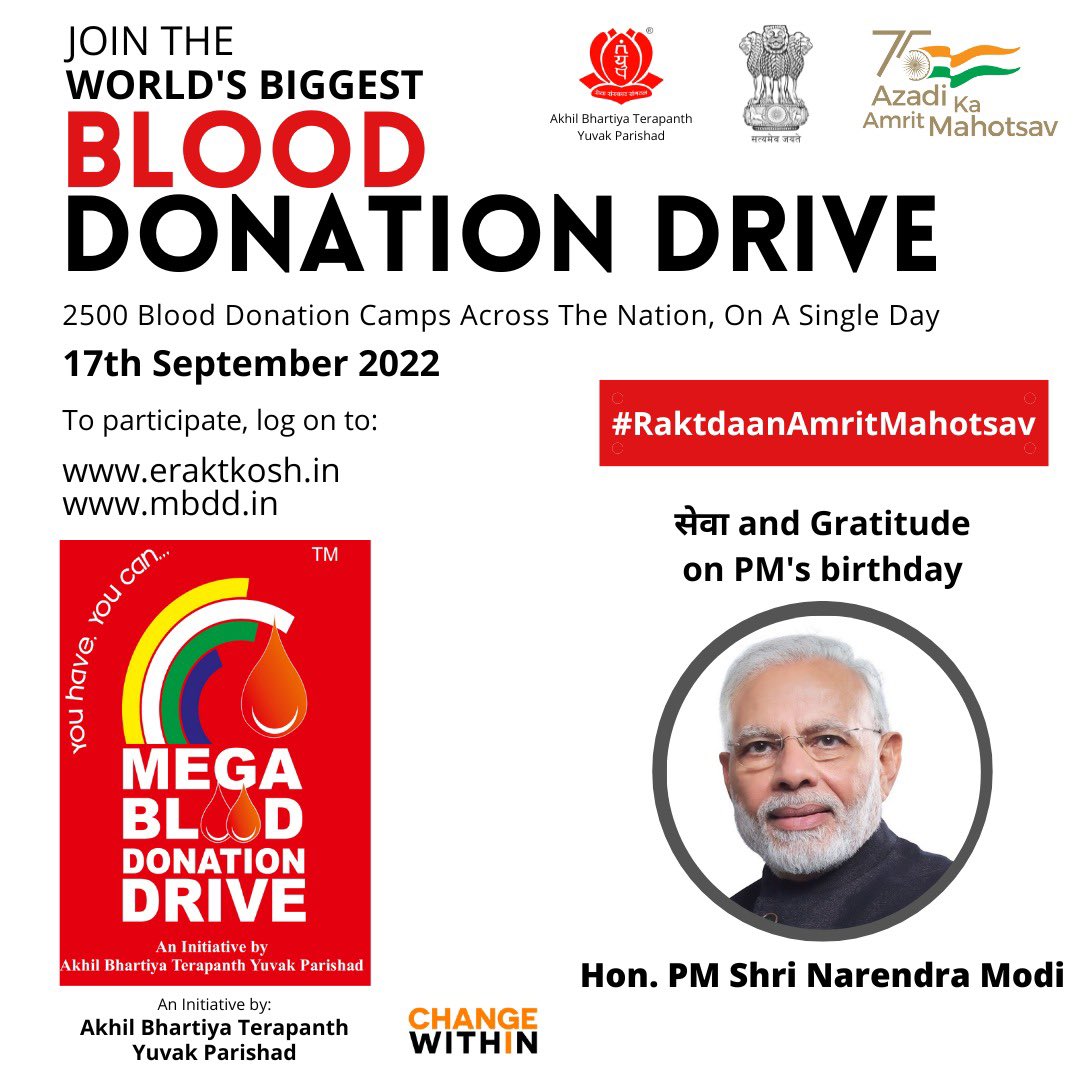 I proudly support dis noble initiative & urge u to join World’s biggest blood donation drive on the occasion of our Hon PM’s birthday. eraktkosh.in #RaktdaanAmritMahotsav #SevaAndGratitude #HappyBirthdayPM #ChangeWithin #ABTYP @MoHFW_INDIA @PMOIndia @imdonatingBlood