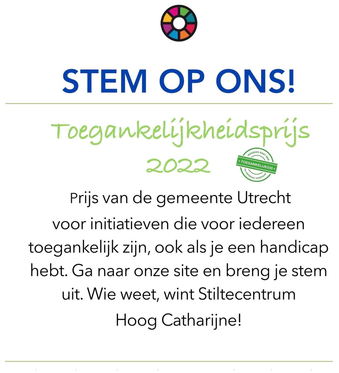 Laatste kans! Heb je al gestemd voor de Toegankelijkheidsprijs? Voor initiatieven die voor iedereen toegankelijk zijn, ook als je een handicap hebt. We zijn genomineerd! Ga naar utrecht.onzewijk.nl <a href="/HCatharijne/">Hoog Catharijne</a> @DomkerkUtrecht <a href="/UBinnenstad2040/">Utrecht Binnenstad2040</a> stiltecentrum.nl