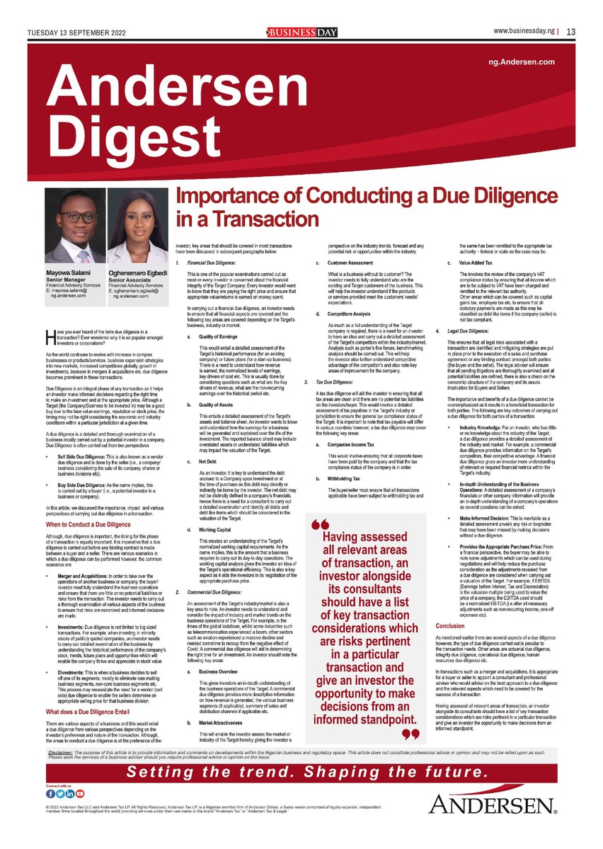 BusinessDayNg's tweet photo. Importance of Conducting a Due Diligence in a Transaction
Read on page 13 of today's BusinessDay paper.
@AndersenNigeria
#investors #transaction #duediligence #andersentax #andersennigeria https://t.co/RyUyYpII7w