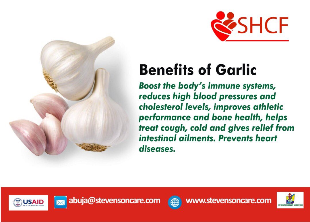 stevenson_cares's tweet photo. Did you know?
Garlic is reported to be a wonderful medicinal plant owing to its preventive characteristics in cardiovascular diseases, regulating blood pressure, lowering blood sugar &cholesterol levels,
#shcf #usaid #nigeriaihp #fhis #fhisabuja #healthinsurance #abuja #abaji https://t.co/B1rjq98bS4