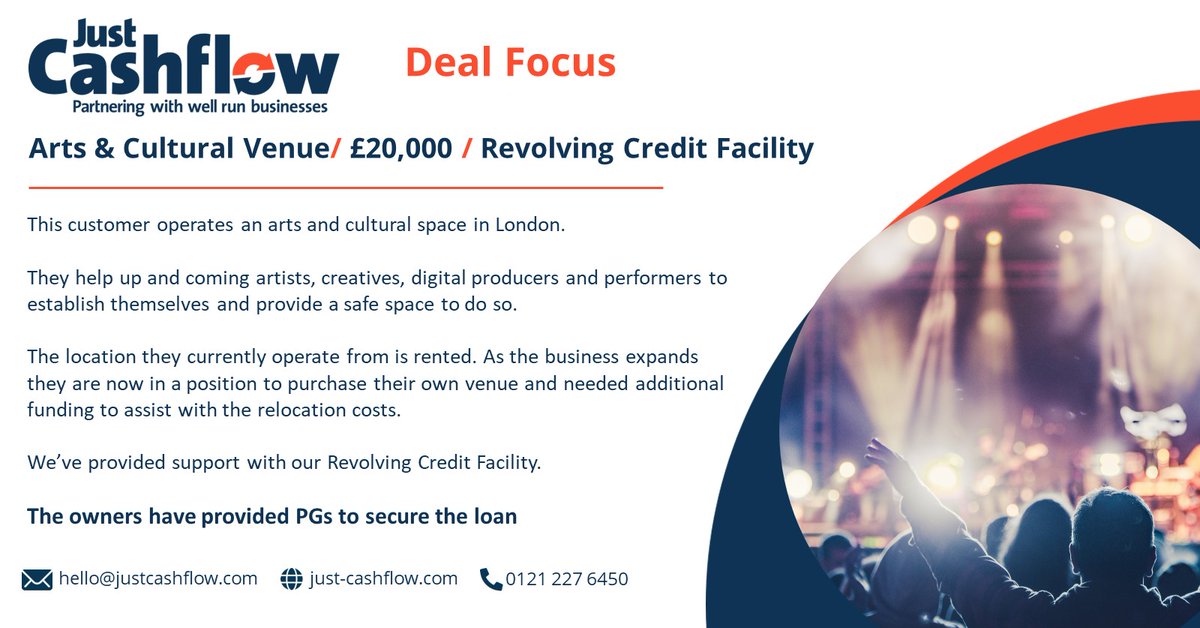 *Deal Focus*
This business provides an arts and cultural space for upcoming artists and creatives.
Having outgrown their current venue, they are in a position to purchase their own premises. We've provided a facility to support the costs of relocating to their new space.