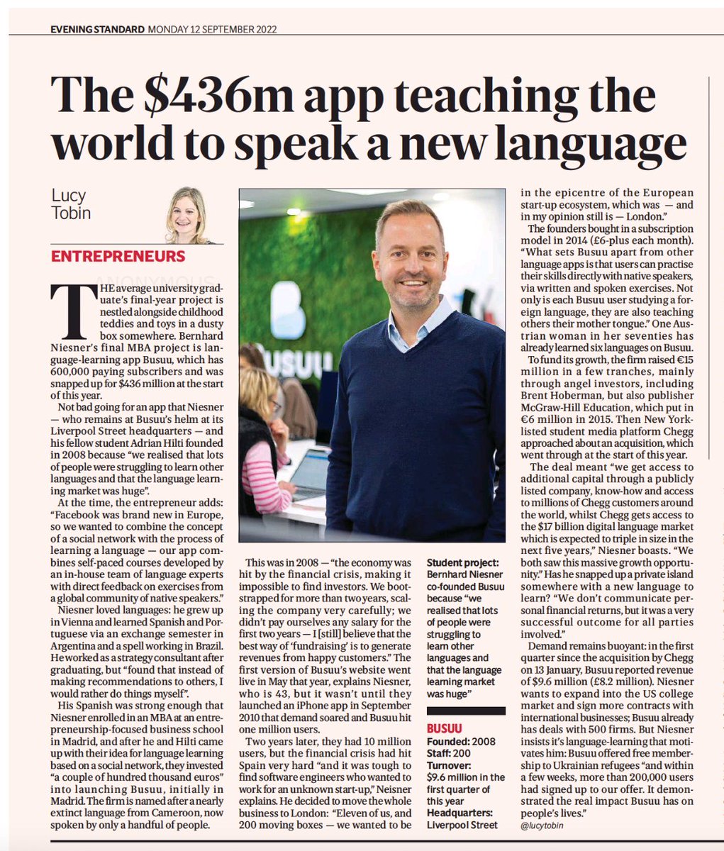 OhhPeePee's tweet photo. Great article on the rise of @Busuu in yesterdays @EveningStandard!!
#langtwt #langchat #LanguageLearning #AppChat @ESInsider https://t.co/7z9VHxWo81