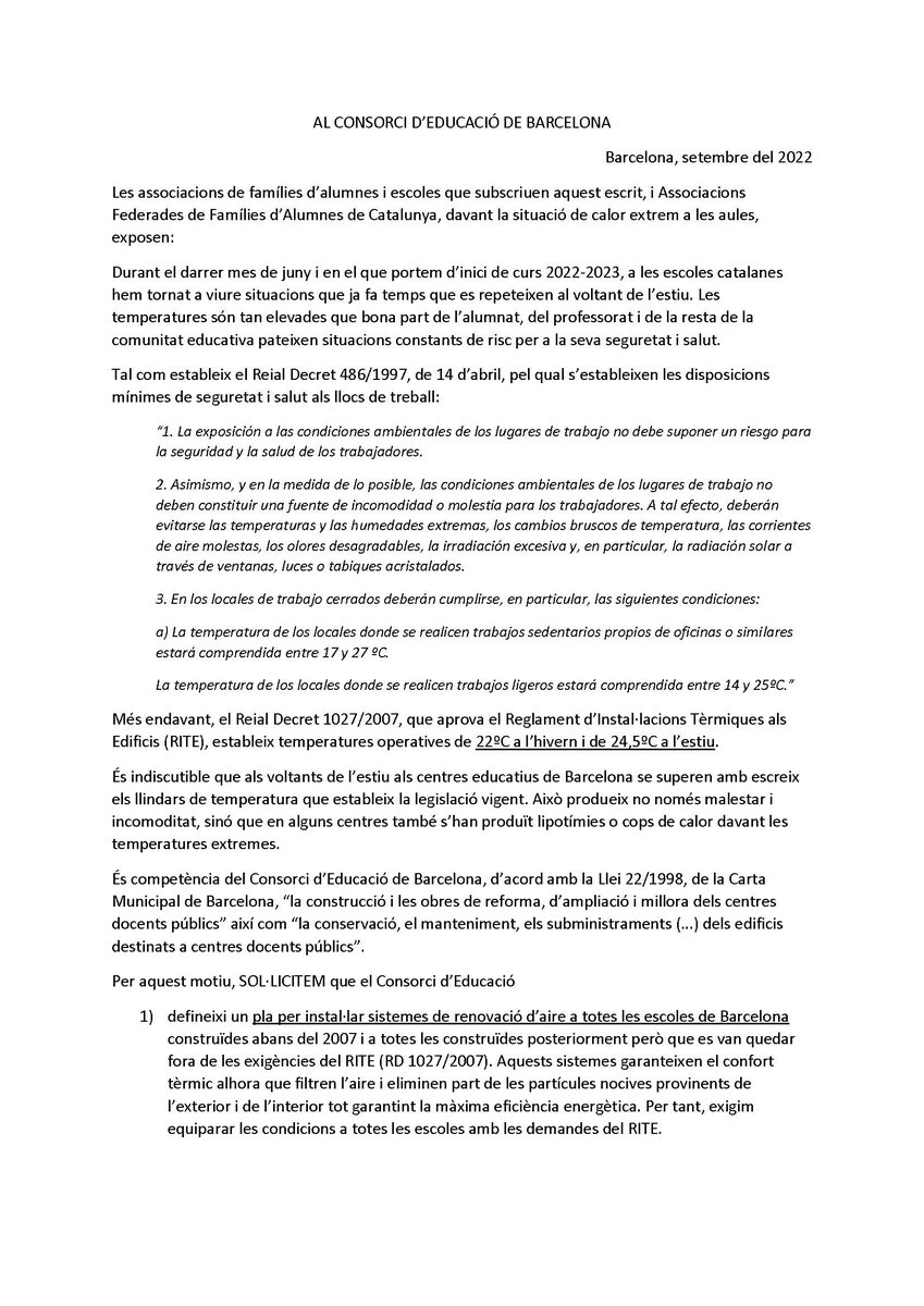 afacongres's tweet photo. 150 AFAs i 43 direccions d’escoles hem reclamat de manera conjunta mesures d’urgència per evitar temperatures insuportables als centres educatius de Barcelona. Calen mesures estructurals! 💪 https://t.co/0PysnJ6KhI