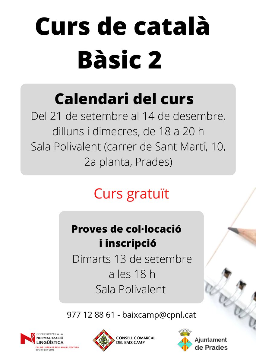 CNLReus's tweet photo. Curs per aprendre a parlar català a #Prades!
INSCRIPCIONS: AVUI DIMARTS a les 18 h a la Sala polivalent o a https://t.co/XusF4OrBg8.
@pradesturisme
@parcastroprades
@CoopUlldemolins
@AjCapafonts
@turismesiurana
@cornudellaceler https://t.co/ut6lqZAZfB