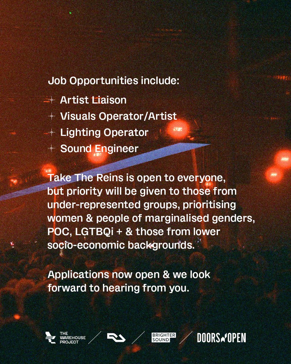 > Take The Reins, our pilot programme with <a href="/WHP_Mcr/">The Warehouse Project</a> and <a href="/residentadvisor/">Resident Advisor</a>, to help underrepresented people from Greater Manchester who are interested in a career behind the scenes in the music industry

Accepting applications until 26 September > brightersound.com/take-the-reins/
