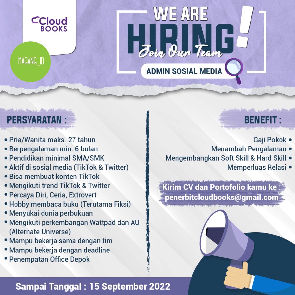 sobatmagang_id's tweet photo. Warga #Depok dan sekitarnya!
Ada lowongan di Cloud Books
#lowker #Lowongan #Loker #LowonganKerja #InfoLoker #InfoLowongan #MagangID #PejuangCV #LokerDepok #InfoDepok #LowkerDepok #LowonganDepok #MagangID_CloudBooks #infoLokerDepok #InfoLowkerDepok #CloudBooks https://t.co/NI232LkQr0