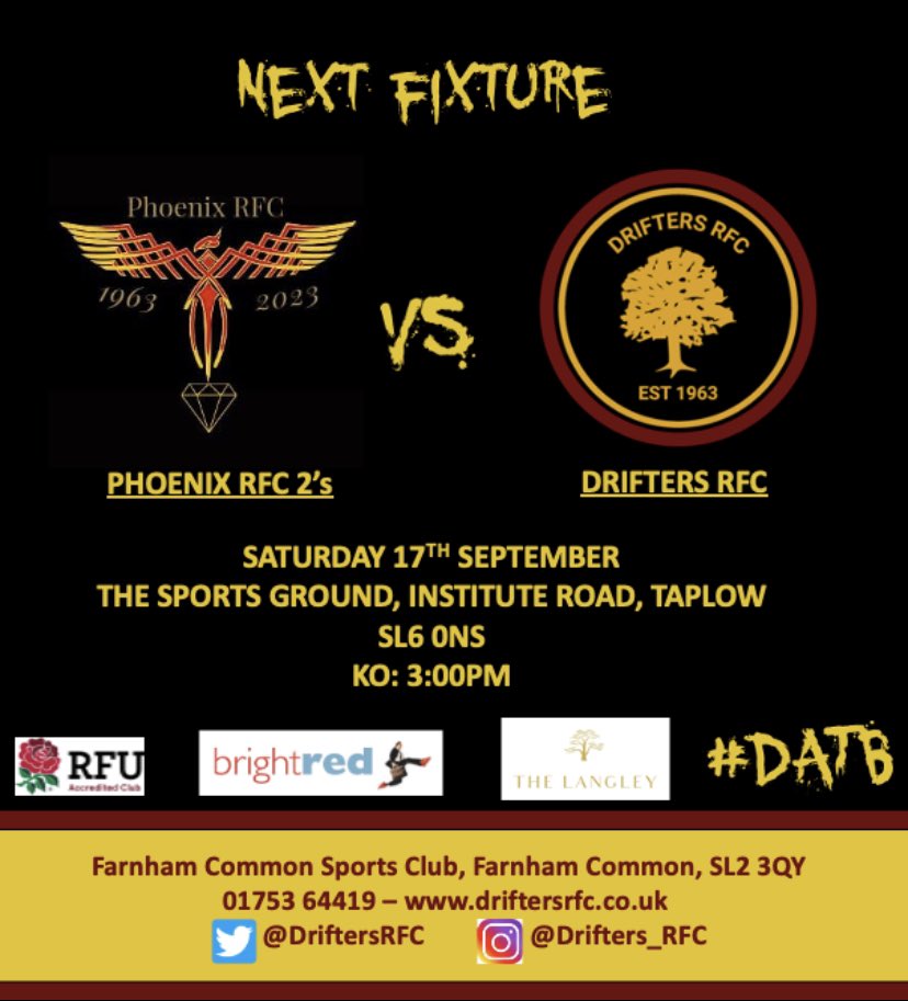 Drifters RFC (@driftersrfc) on Twitter photo π³π Drifts are back in league action! ππ³
We kick off our 2022/23 league campaign with a local derby vs <a href="/Phoenix_RFC/">Phoenix RFC</a> 2βs this Saturday!
π- Saturday 17th September
π- Institute Road, SL6 0NS
β°- KO 3pm
π- Counties 4 Tribute Berks, Bucks & Oxon South
#DATB π³π Drifts are back in league action! ππ³
We kick off our 2022/23 league campaign with a local derby vs <a href="/Phoenix_RFC/">Phoenix RFC</a> 2βs this Saturday!
π- Saturday 17th September
π- Institute Road, SL6 0NS
β°- KO 3pm
π- Counties 4 Tribute Berks, Bucks & Oxon South
#DATB