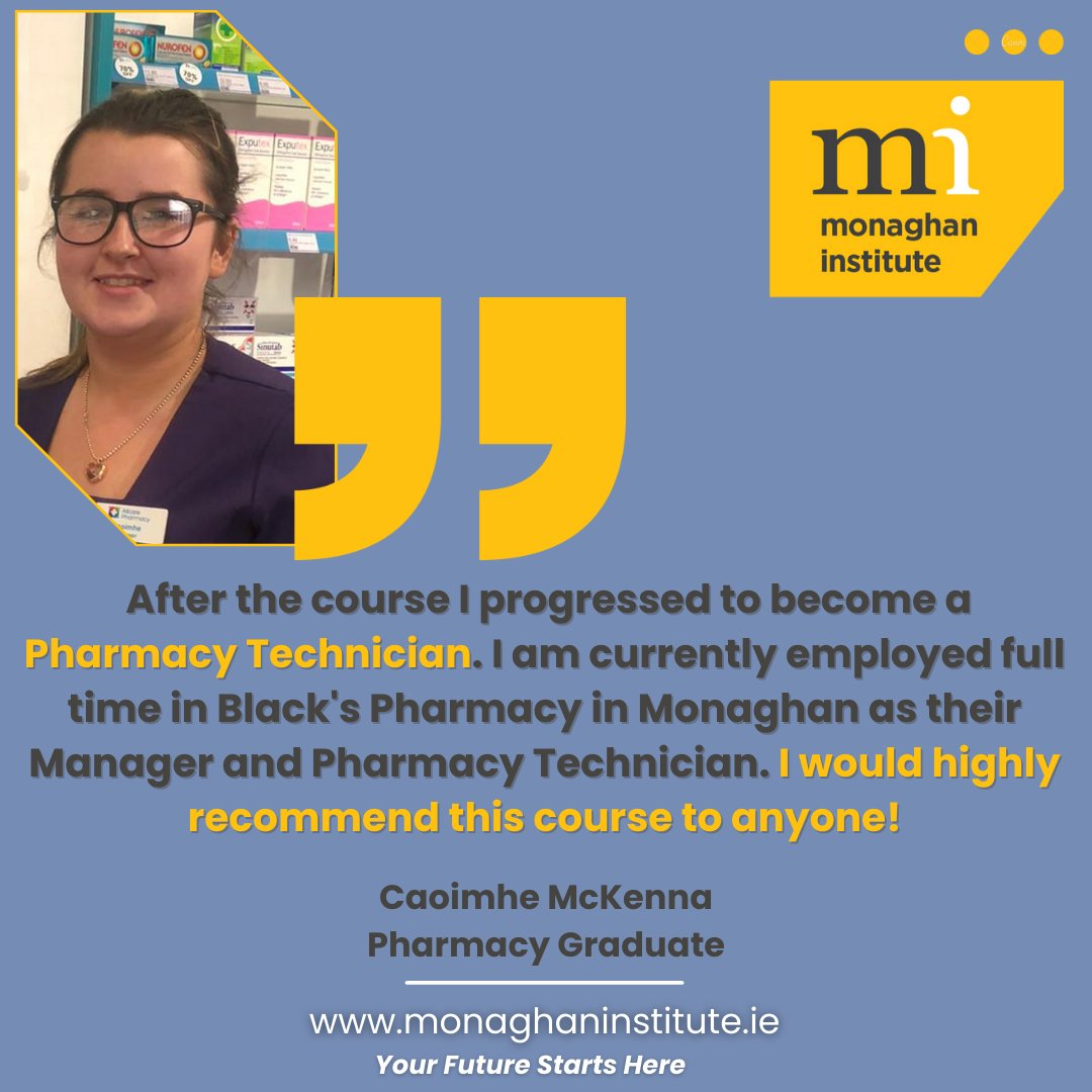 ⭐ STUDENT SUCCESS STORIES ⭐Contemplating working in a Pharmacy? Look No Further than #MI. Graduate Caoimhe McKenna explains her progression to Pharmacy Manager and Technician, after successfully completing the L5 Pharmacy course at #MI. ow.ly/XmU250KHMqt👏👏