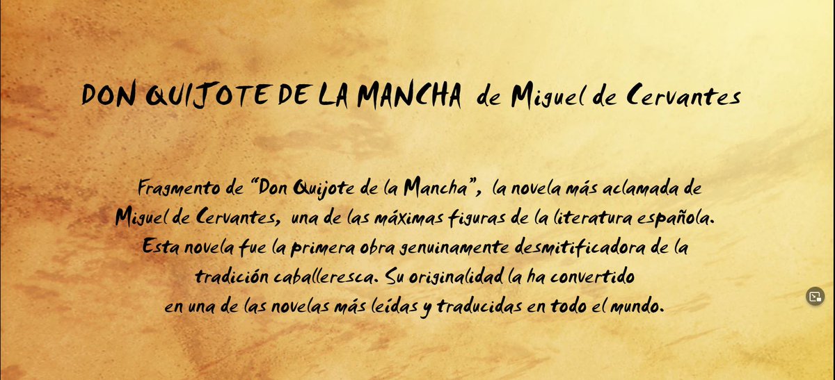 Don Quijote de la Mancha [Video] / de Miguel de Cervantes

Fragmento de "Don Quijote de la Mancha", la novela más aclamada de Miguel de Cervantes, una de las máximas figuras de la literatura española. 

bibliotecavirtualdeandalucia.es/catalogo/es/ca…