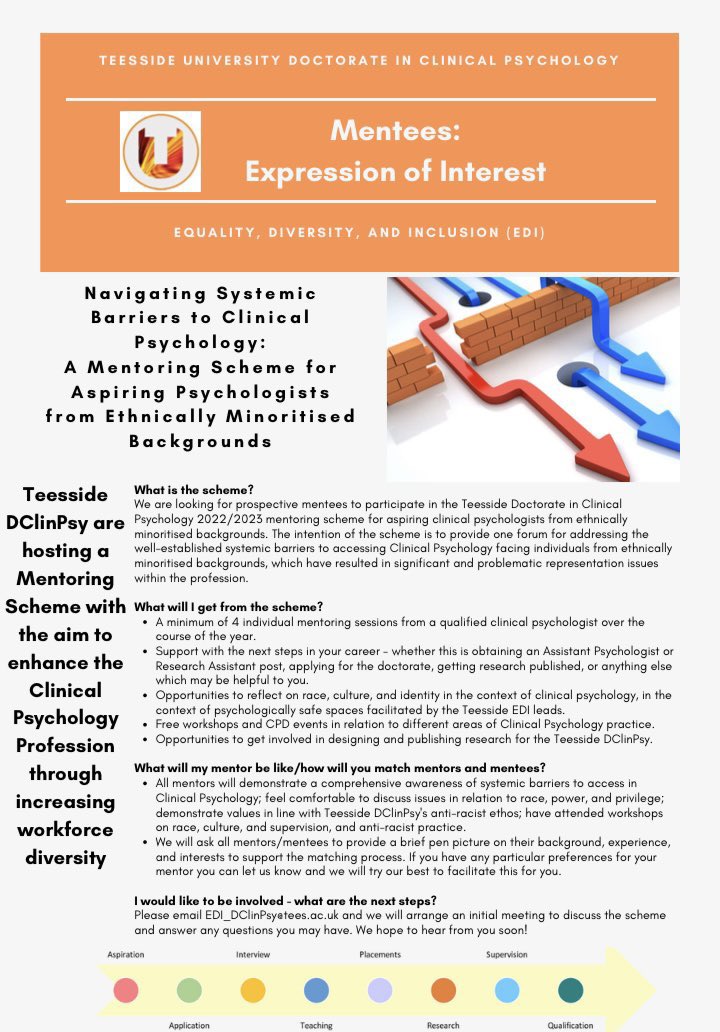 Teesside #DClinPsy are running a mentoring scheme for aspiring psychologists from ethnically minoritised backgrounds. 

We want to increase diversity in the profession by helping people during all parts of the journey from undergrad onwards. Please retweet!