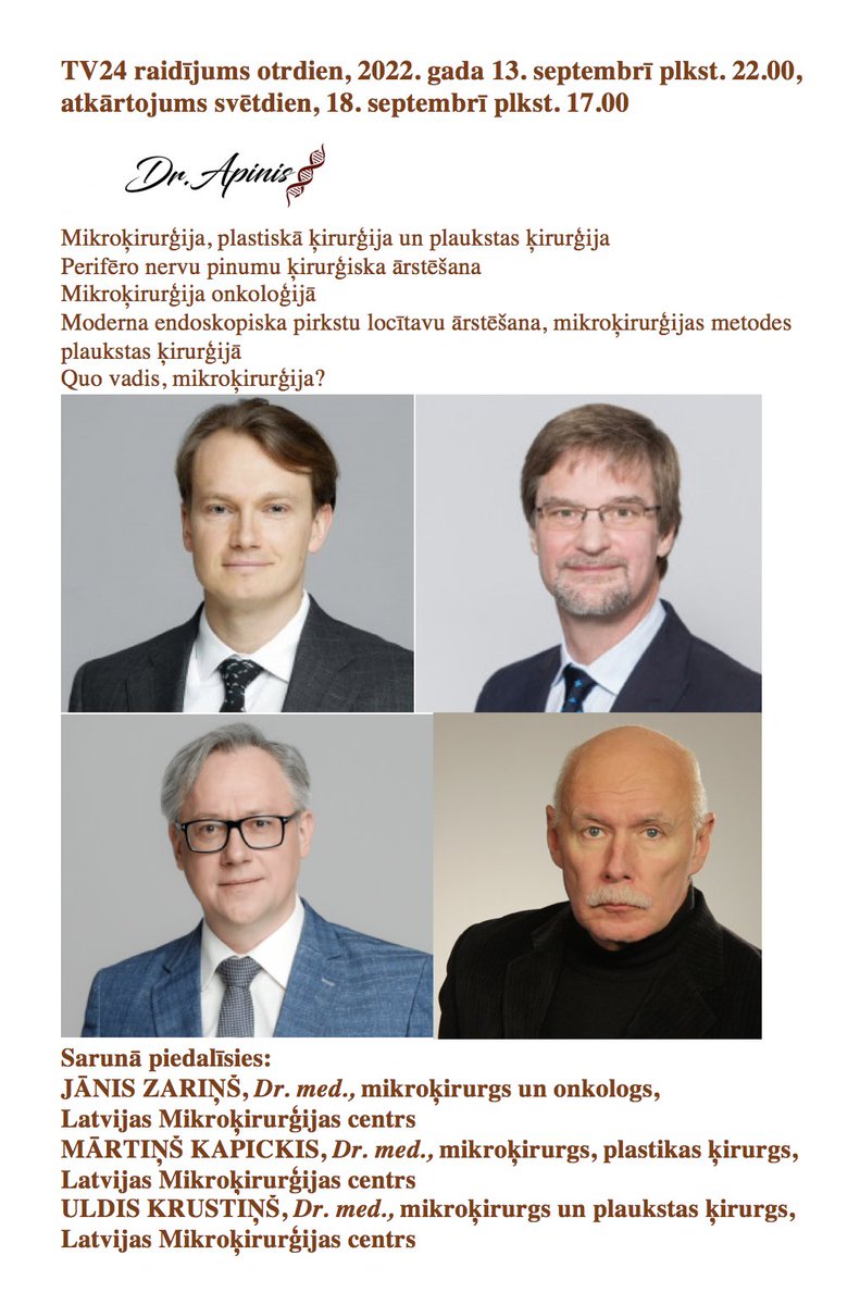 Raidījums Dr.Apinis Tv24 13.09. plkst. 22.00 
par mikroķirurģiju un plastikas ķirurģiju (kolēģi operē 6–12 stundas – un darbdienā – dienas laikā viņus kopā savākt nav iespējams).
Mikroķirurģijas centrs ir inovatīvākā medicīnas iestāde Latvijā un viena no inovatīvākajām Eiropā.