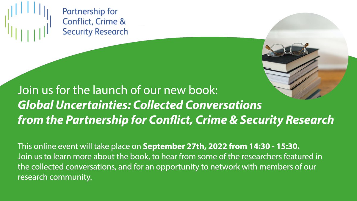 PaCCS is coming to an end at the end of September &amp; our final event will be the launch of an open access book featuring conversations with UK researchers working on conflict, crime &amp; security. Please join us for the online book launch &amp; networking event: forms.gle/62egQ8Pij6edso…