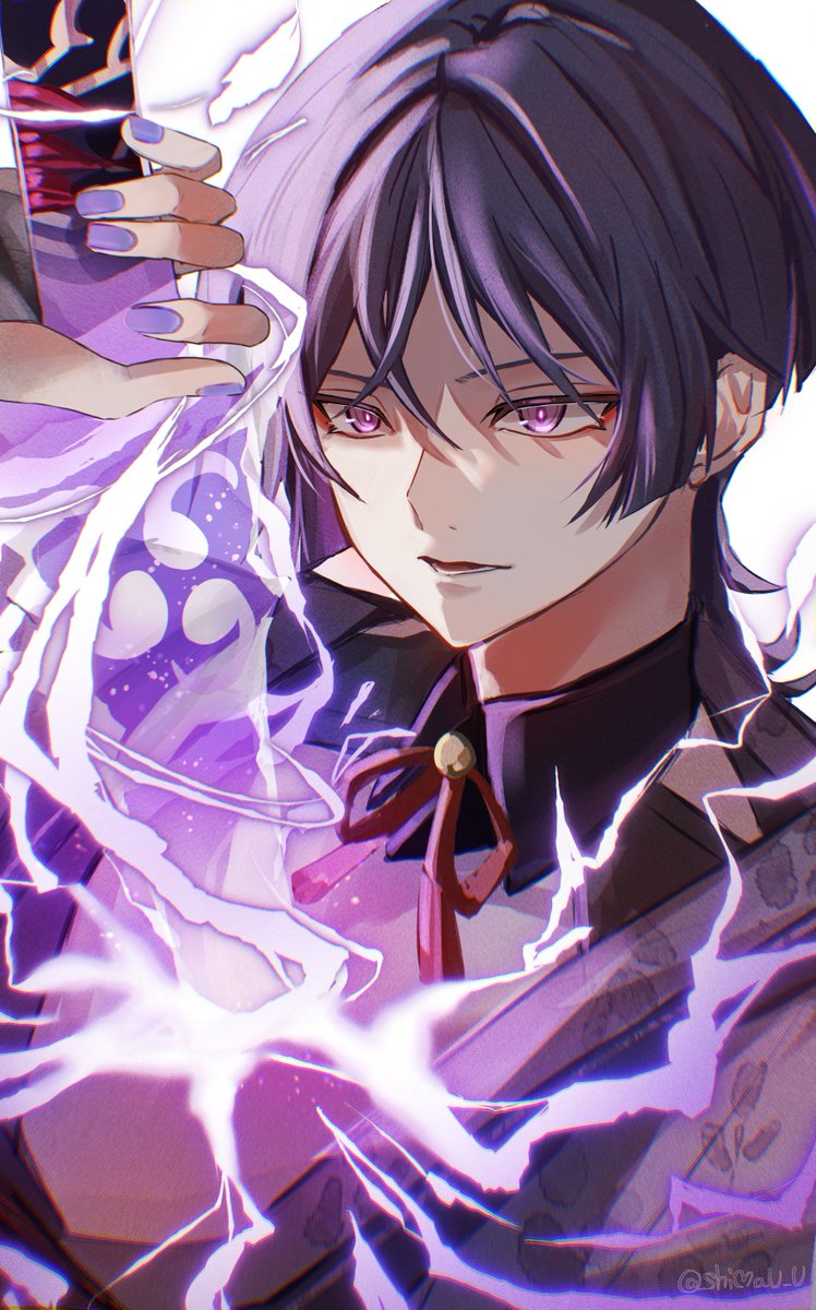 raiden shogun ,scaramouche (genshin impact) 1boy purple eyes weapon male focus purple hair solo holding  illustration images