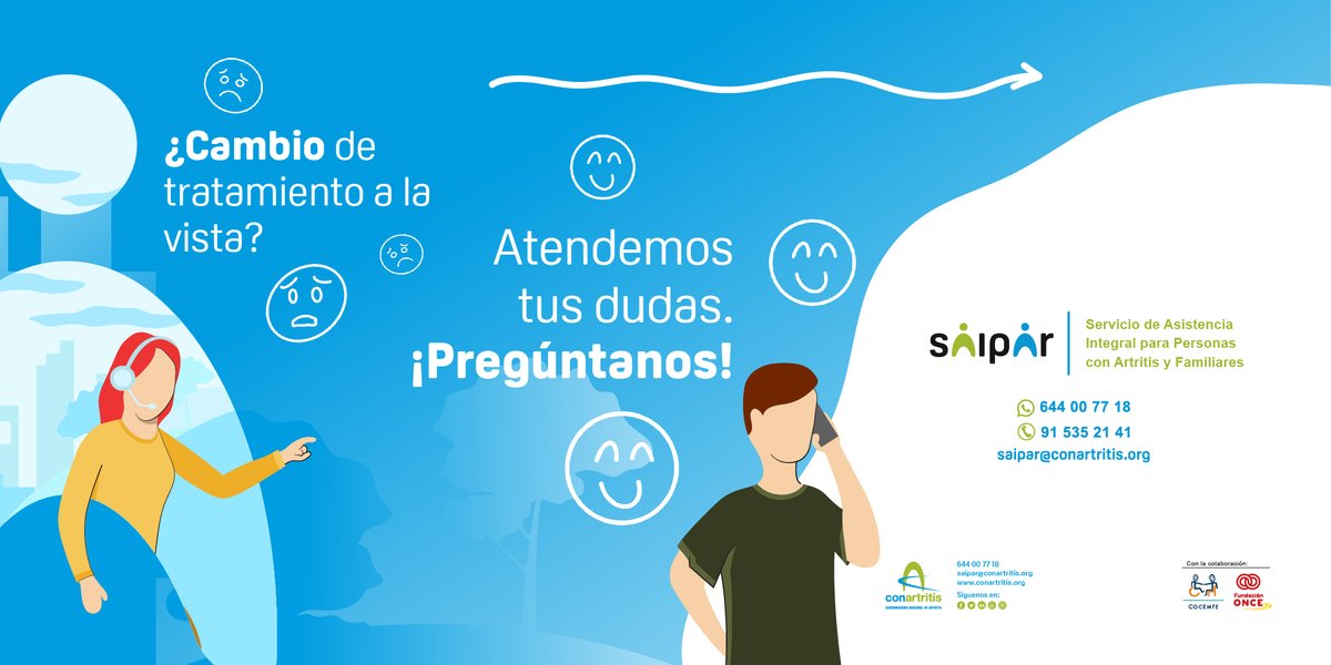 ConArtritis's tweet photo. ¿Estás cambiando de tratamiento? Desde #SAIPAR te escuchamos y atendemos tus dudas. ¡Consúltanos!
📲 644 00 77 18 (también whatsapp)
📧 saipar@conartritis.org https://t.co/eZIH4AFsc2