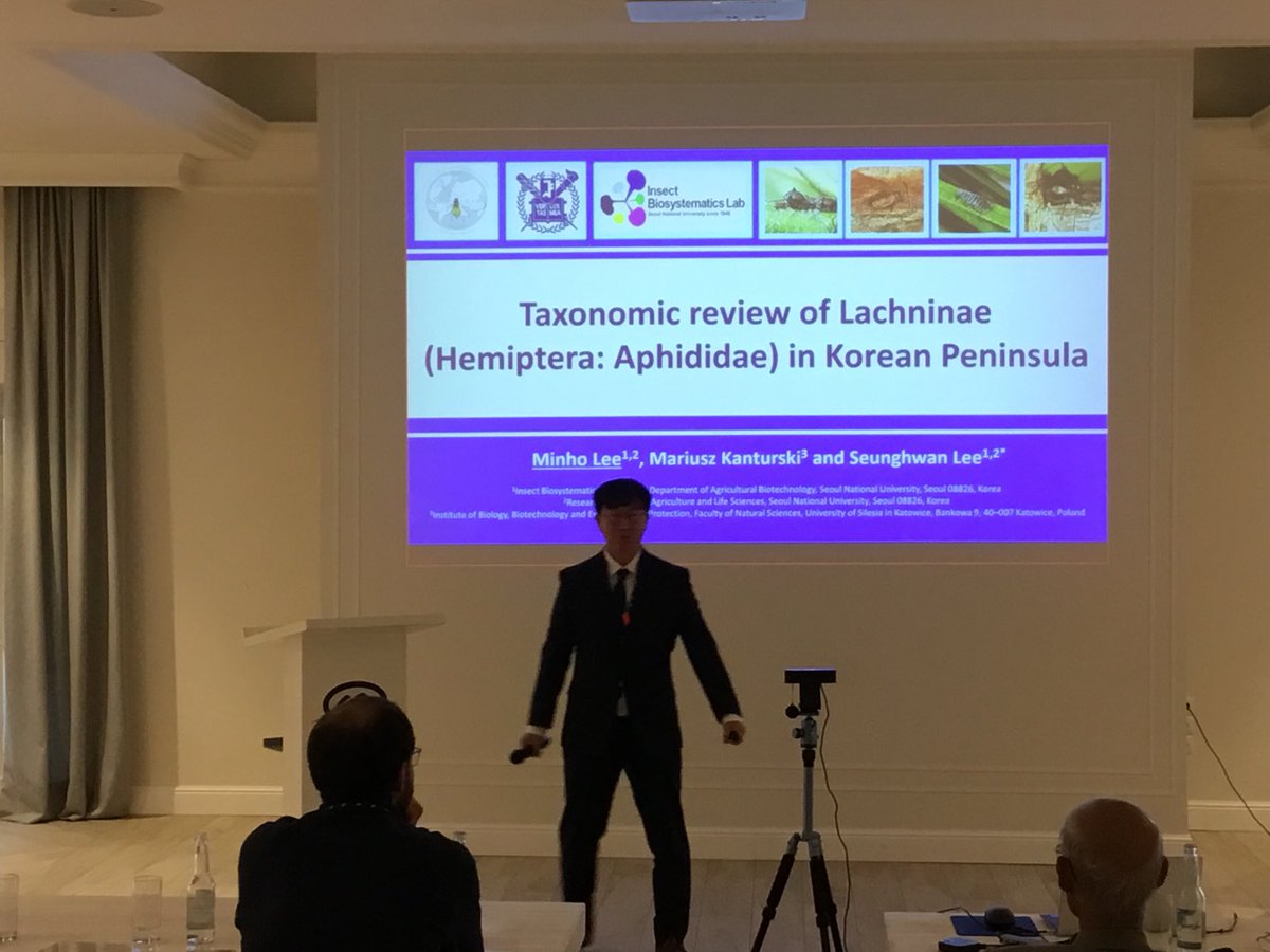 ColinFavret's tweet photo. Korean PhD student Minho Lee presents very cool (mostly) bark-feeding aphid subfamily Lachninae. #11ISA https://t.co/MW4wE6PsRt