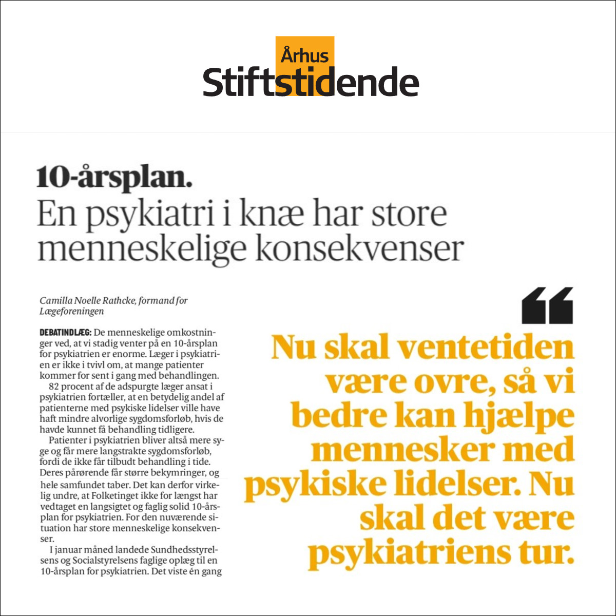 Mere end et halvt år efter <a href="/SSTSundhed/">Sundhedsstyrelsen</a> og Socialstyrelsens faglige oplæg til #tiårsplanforpsykiatri landede, spejder vi stadig langt efter en vedtaget plan fra #dkpol. Nu skal ventetiden være ovre. Nu skal det være psykiatriens tur, skriver <a href="/Camilla_Rathcke/">Camilla Rathcke</a> i <a href="/stiftendk/">Stiften.dk</a> 
#sundpol