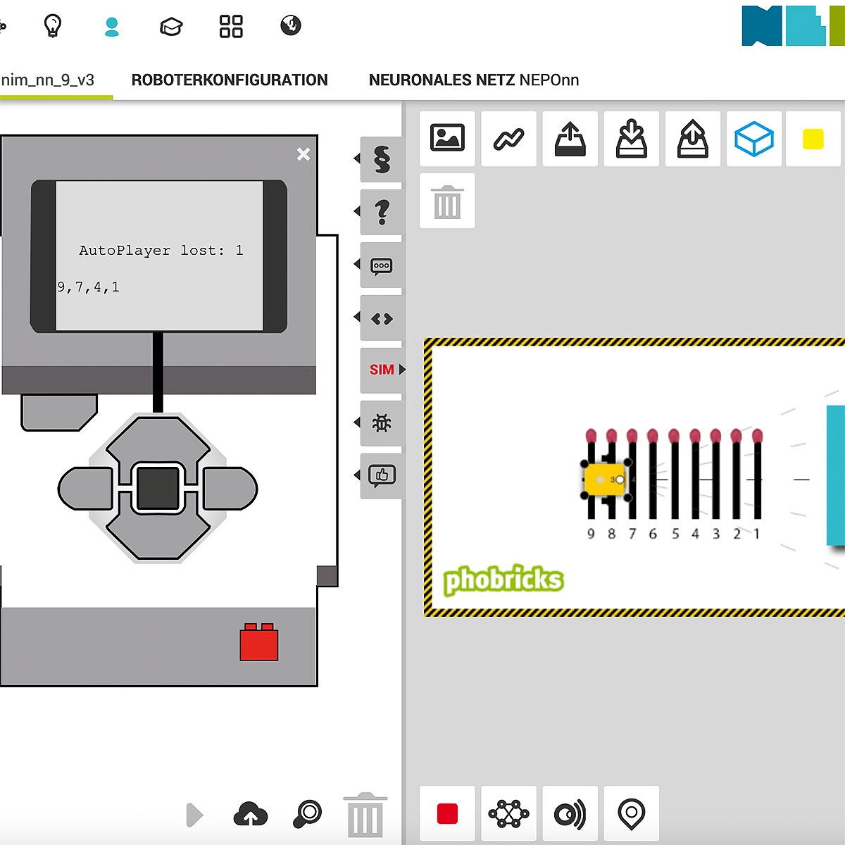 PhoBricks's tweet photo. Das populäre NIM-Spiel umgesetzt mit einem lernfähigen Neuronalen Netz und Robotik im Open Roberta Lab. Der Roboter wird schnell unbesiegbar, falls er den ersten Zug hat. #KI #machinelearning  #MINT #OpenSource #KNN #xNN #Perzeptron #openroberta #nepo #twlz @FraunhoferIAIS https://t.co/iuDMwOjPuo