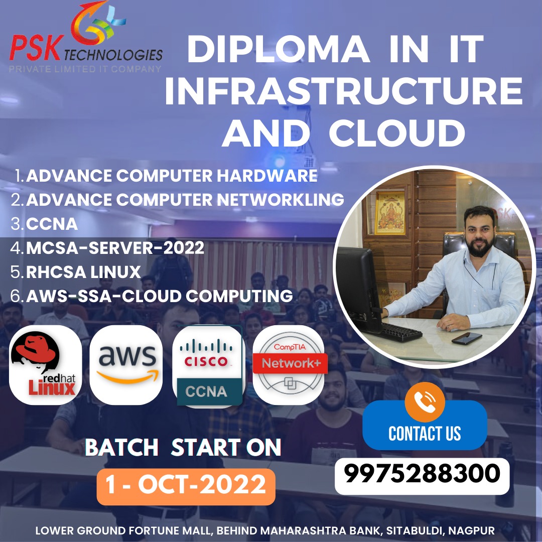 TechnologiesPsk's tweet photo. Diploma In IT Infrastructure And Cloud

#pskitservices
#psktechnologies
#psknagpur
#bestitcompany
#softwaredevelopment
#itcompany
#itinfrastructure
#training_and_internship_in_nagpur
#aws
#awscloud
#cloudcomputing
#rhcsa_linux
#CCNA
#MCSA_Server_2022
#hardwareandnetworking https://t.co/hEd16kwnJq