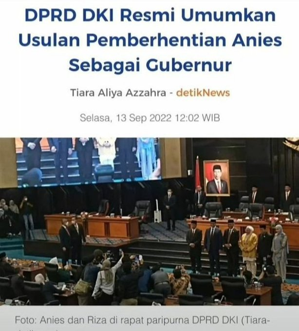 Drun,

BUKAN PEMECATAN yak tapi usulan pemberhentian ini merupakan amanat yg diberikan Kemendagri pada seluruh  DPRD Provinsi, Kabupaten &amp; Kota yg memiliki kepala daerah &amp; wakil kepala daerah yg masa jabatannya berakhir tahun 2022.

JADI BUKAN SPESIAL UTK  ANIES DOANG TAUK...🤪