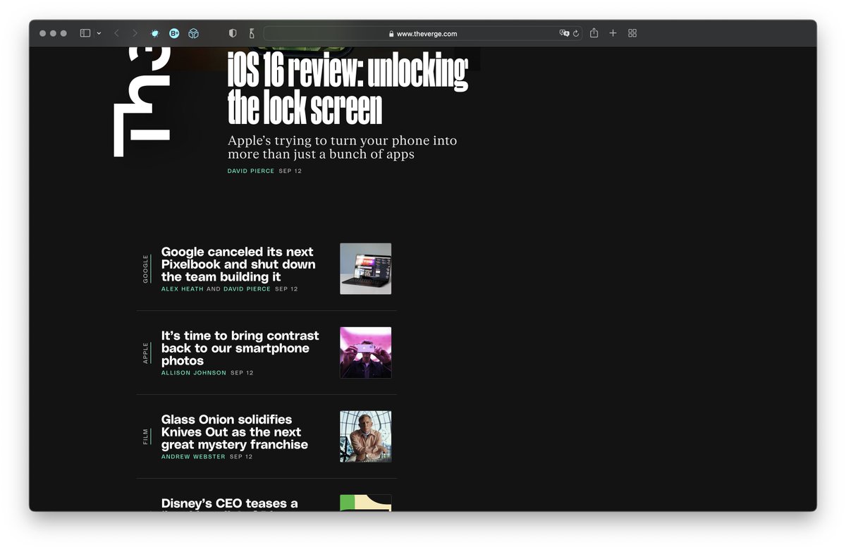 “When mobile-first becomes mobile-only.”

<a href="/TheVerge/">The Verge</a>’s new design, as seen on a 14” MacBook Pro.