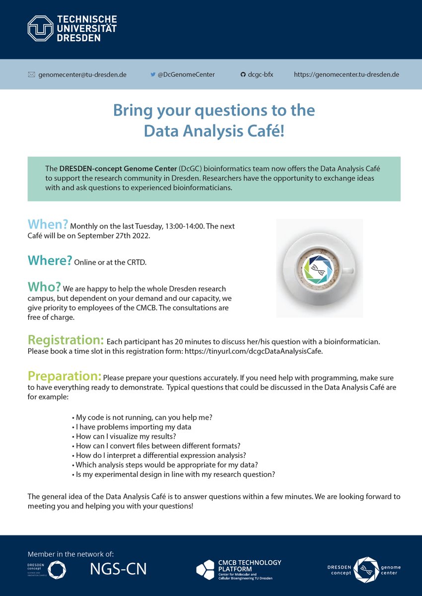 To the DD community: our #bioinformatics team now offers the Data Analysis Café, where #scientists have the opportunity to discuss their research question with one of our experts.

The 1st edition is already on 27.sept.
For booking a slot, please go to tinyurl.com/dcgcDataAnalys…