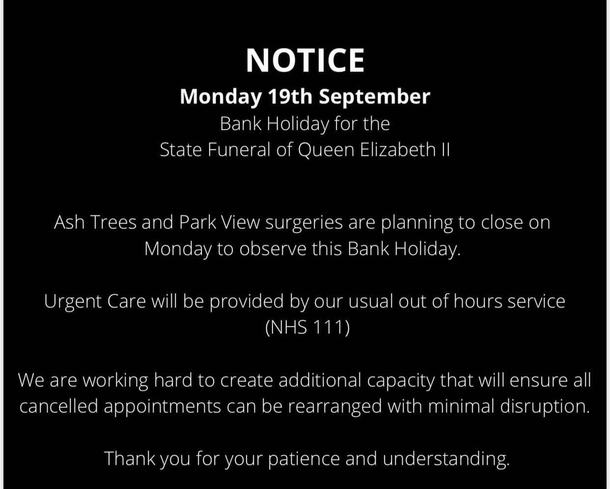SurgeryView's tweet image. 💐 We will be closed for the Bank holiday on Monday 19th September. 

👑 We send our warmest wishes and deepest sympathy to King Charles III and the Royal family.