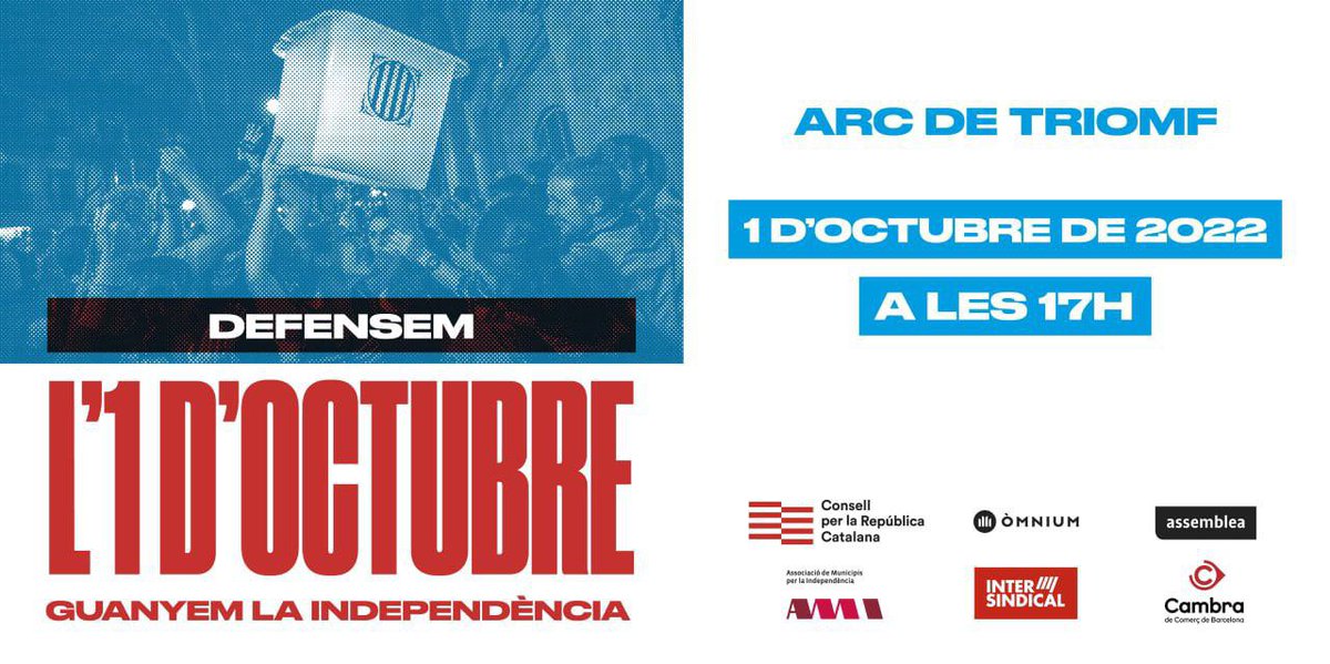 #1Oct2022 5 anys farà de la gran victòria de la gent✊🏼✊🏼

🔴De la resistència a l'acció. Fem que la concentració d'aquest 1-O sigui un punt d'inflexió. 

Defensem l'1-O, guanyem la independència❗️

#PreparemNos
#1OArcdeTriomf