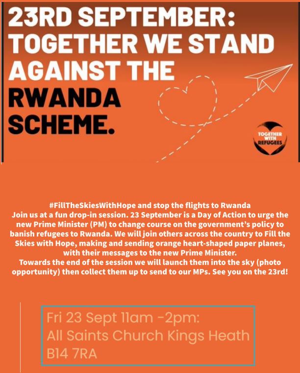 RestoreBefriend's tweet image. PLEASE RT
#FilltheSkieswithHope Day of Action event in Birmingham on Friday 23 September 11am to 2pm @ All Saints Church Kings Heath. Make &amp;amp; launch paper planes then send as a message to new PM #TogetherwithRefugees #stoprwanda 
@RefugeeTogether @CityofSanctuary @IMIX_UK @CTBI