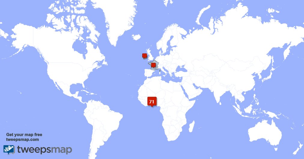 Selon tweepsmap.com/!pierre_azo Mes abonnés vivent en: Togo(80%),France(10%),Irlande(10%)