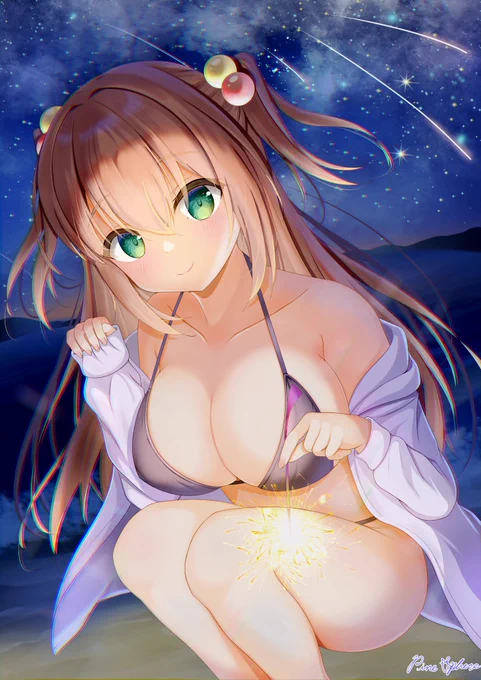 夏の終わりに海辺で浜辺デート#創作#オリジナル#イラスト 