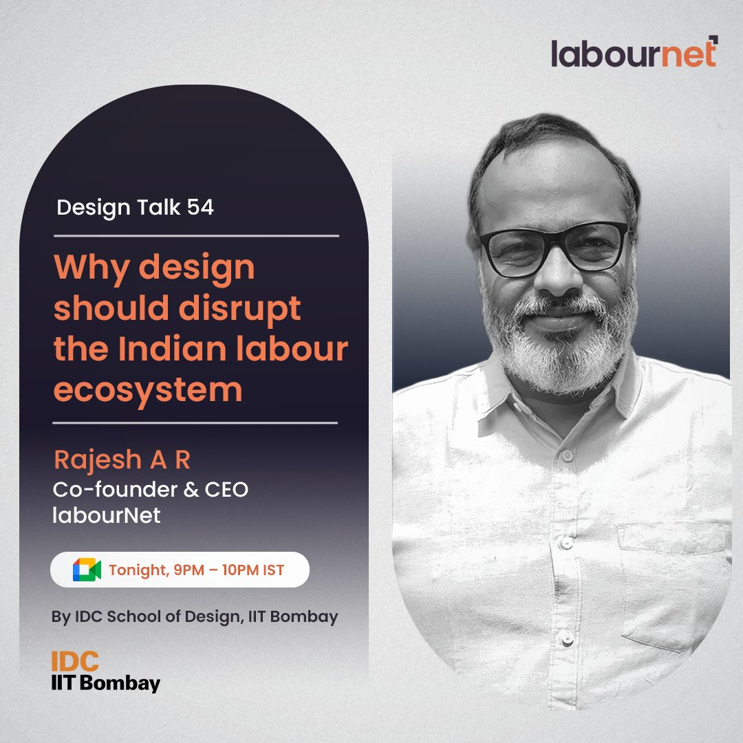 labournet's tweet photo. Catch our CEO &amp; co-founder @Rajesh talk about the significance of design in the Indian labour ecosystem at Design 54. Hosted by IDC School of Design, IIT Bombay.

Join him live at https://t.co/vsarbUDeHm!

#IDC #LabourNet #AlumniTalks #IITBombay #Changemakers https://t.co/xyDaKAg4mX