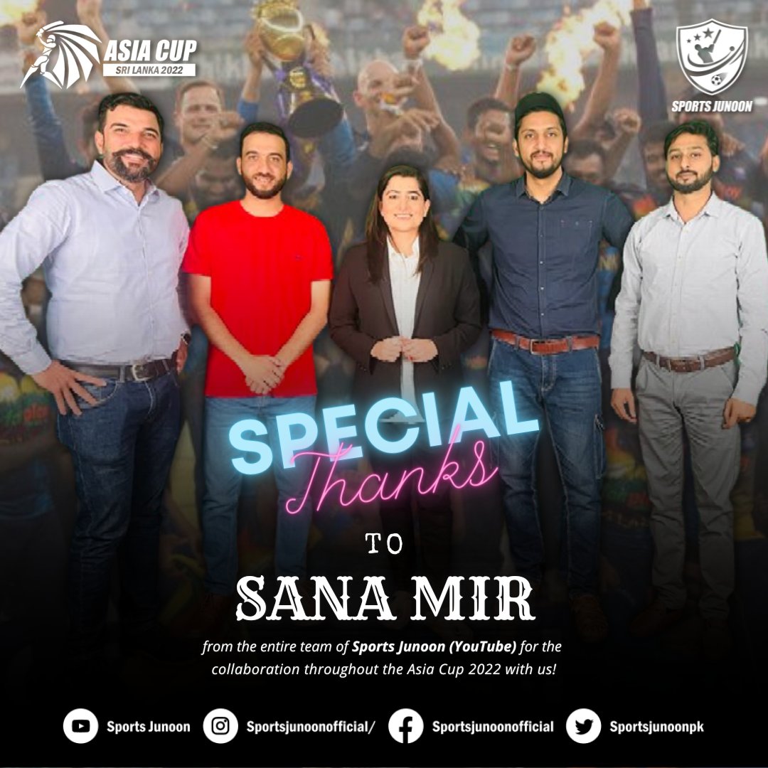 sportsjunoonpk's tweet photo. A special thanks to @mir_sana05 for the immense support throughout this Asia Cup 2022. It was a great working experience with you and we really appreciate your contribution for our YouTube Channel - Sports Junoon. #SanaMir #SportsJunoon #T20WorldCup2022 #PAKvsENG #AsiaCup2022 https://t.co/dGPiiiCL7h