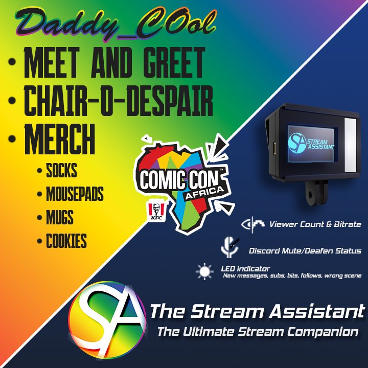 DaddyCOolZA's tweet photo. So so so excited to be at @ComicConAfrica!!

We have a stand packed with cool things, like my first ever merch and  the CHAIR-O-DESPAIR where you can get slapped by people on Twitch!?

And you'll be able to get your hands on some special edition Stream Assistants!

B thr or B² https://t.co/60T6DFCtSx