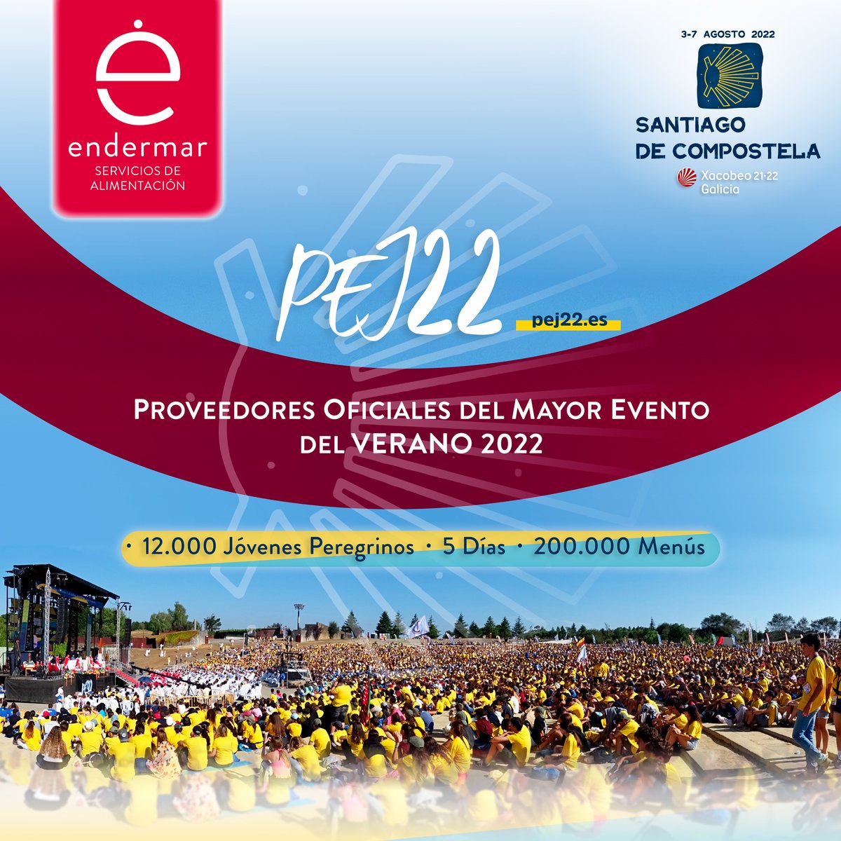 A la espera de la próxima publicación del video resumen del evento más grande de este verano: la PEJ'22 os dejamos con un aperitivo fotográfico.

<a href="/Endermar_/">ENDERMAR</a>  El gran desafío: 12.000 jóvenes peregrinos, 5 días y 200.000 menús.

Artículo: tinyurl.com/ye2774s6