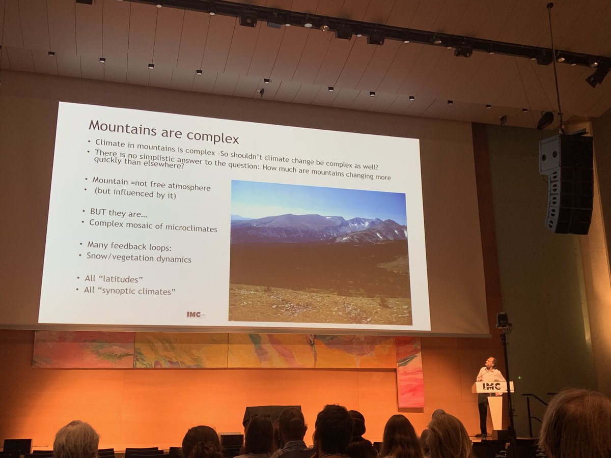 VVandvik's tweet photo. Nick Pepin putting mountain climate change in perspective: Mountains are complex, warm more, but will receive less precipitation under future climates. This will have dire consequences for mountain ecosystems, water, and people. We depend on mountains. #IMC22 https://t.co/biFFmW71B9