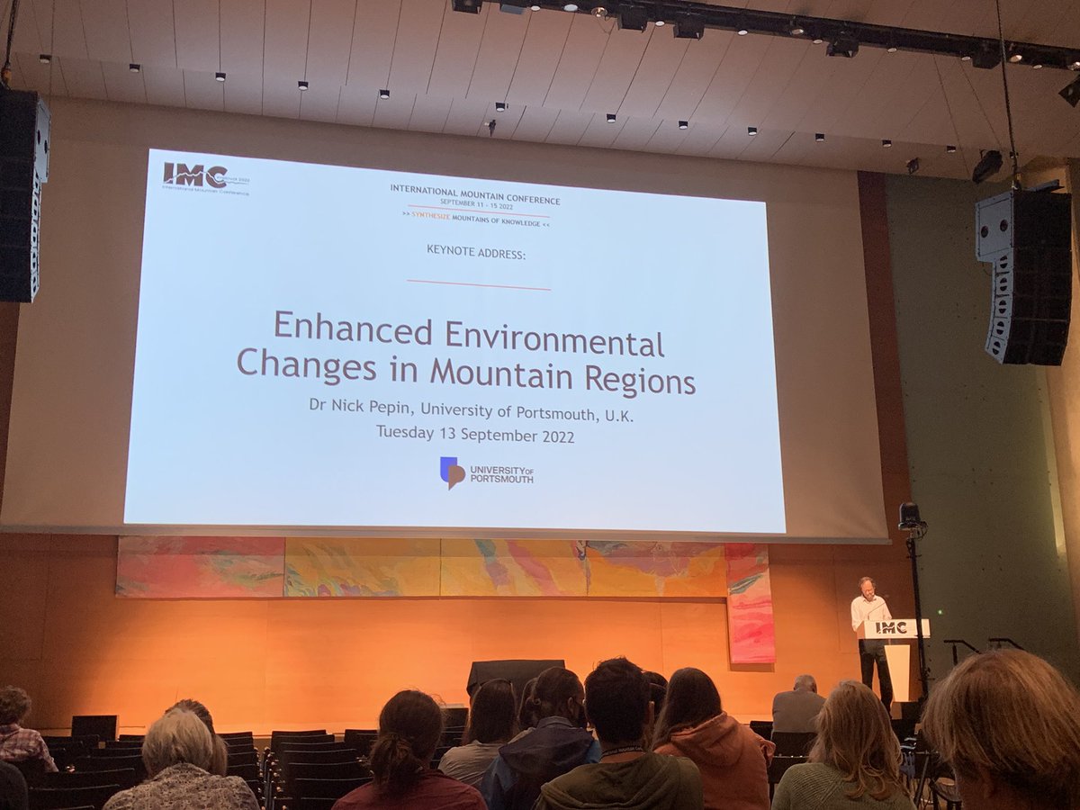 VVandvik's tweet photo. Nick Pepin putting mountain climate change in perspective: Mountains are complex, warm more, but will receive less precipitation under future climates. This will have dire consequences for mountain ecosystems, water, and people. We depend on mountains. #IMC22 https://t.co/biFFmW71B9
